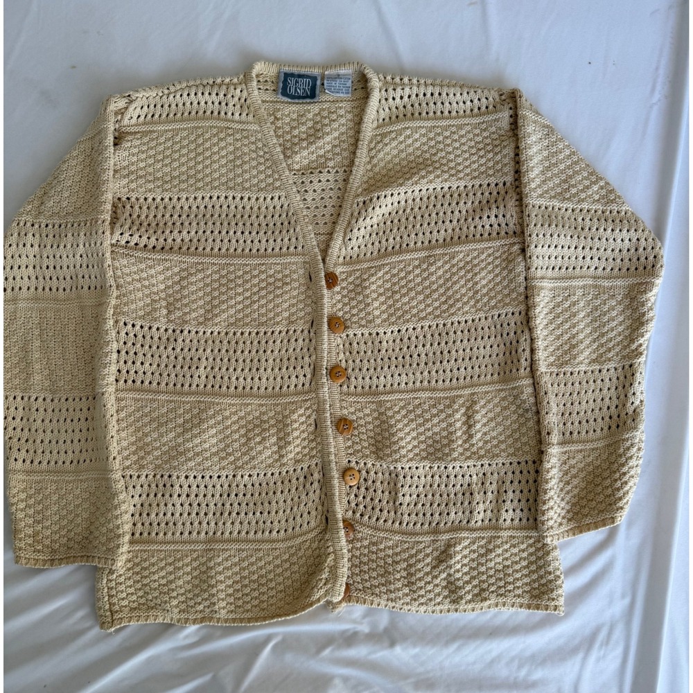 Sigrid Olsen Vintage Beige Cotton Knit Pointelle Button Front Cardigan Sweater S